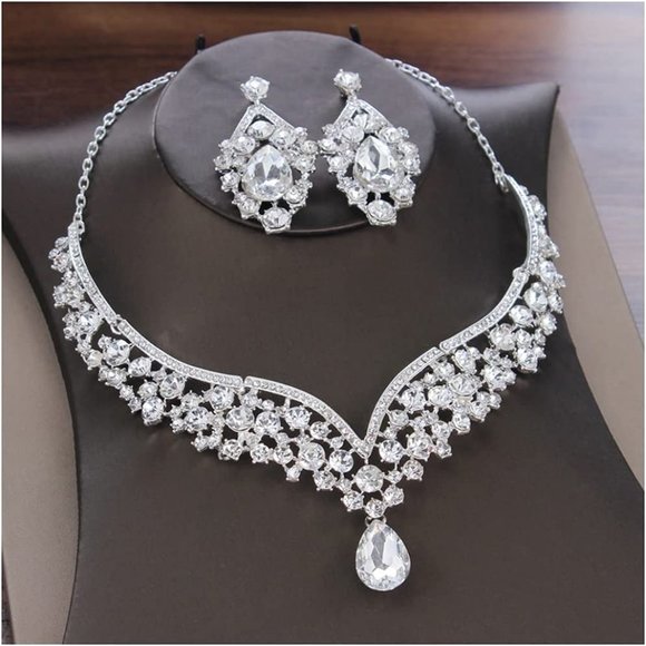 Rhinestone Crown Necklace Earrings Headdress, Bridal Wedding Jewelry Set - Picture 3 of 5